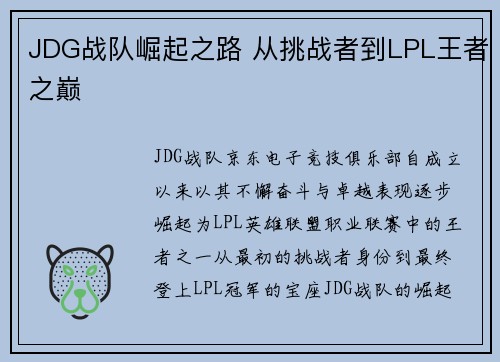 JDG战队崛起之路 从挑战者到LPL王者之巅